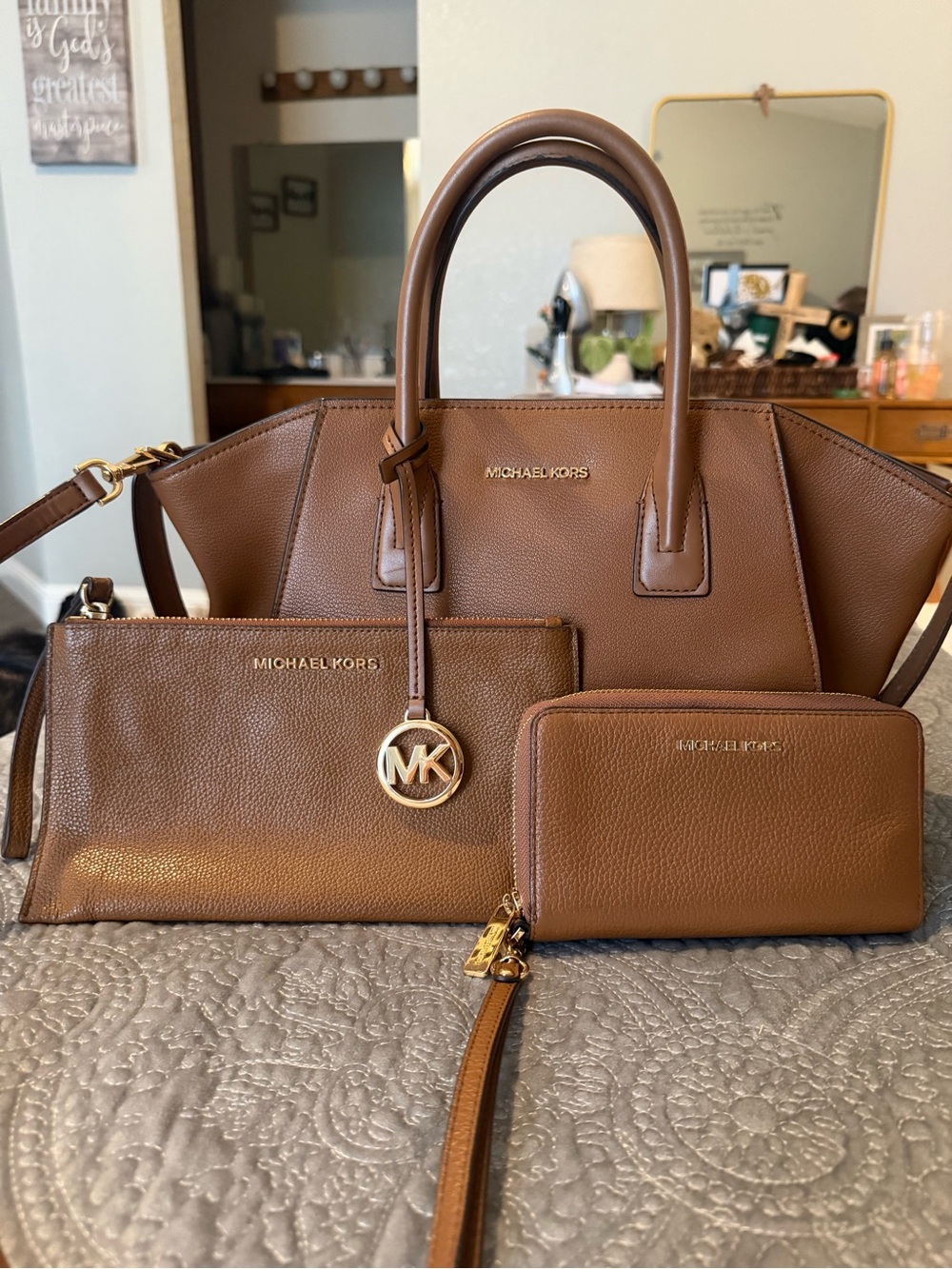 Michael Kors Cognac Brown Leather Tote with Wallet & Wristlet Set
